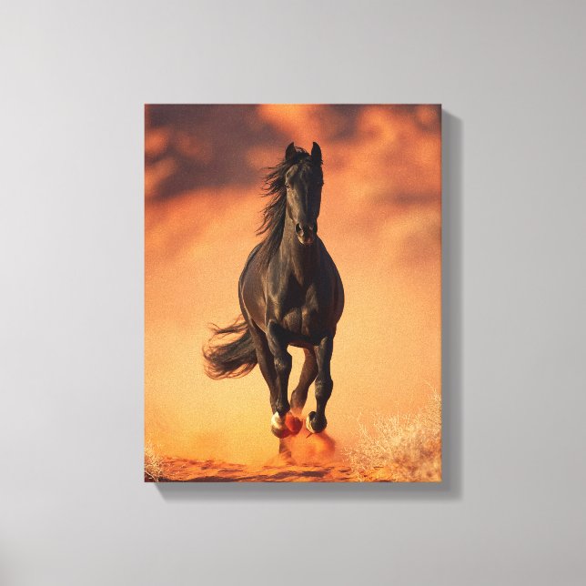 Impressão Em Tela Charging Black Horse Fiery Sunset Art (Frente)