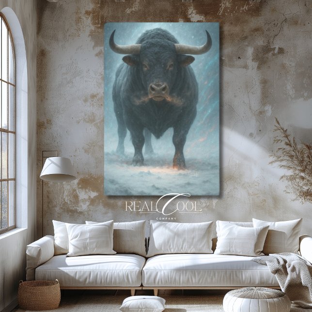 Impressão Em Tela Charging Bull in Snow Winter Blue Western Art (Charging Bull in Snow Winter Blue Western Art Canvas Print)