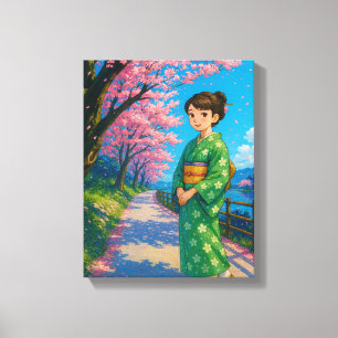 Impressão Em Tela Cherry Blossom Stroll - Kimono Girl