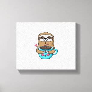 Impressão Em Tela Chibi Sloth Coffee Lover - Cute Kawaii Sloth Huggi