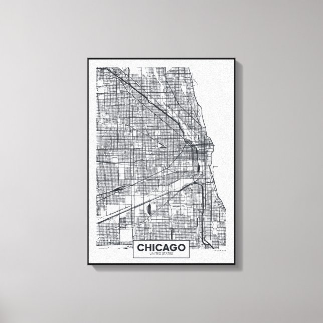 Impressão Em Tela Chicago, Illinois | Mapa da cidade de preto e bran (Frente)