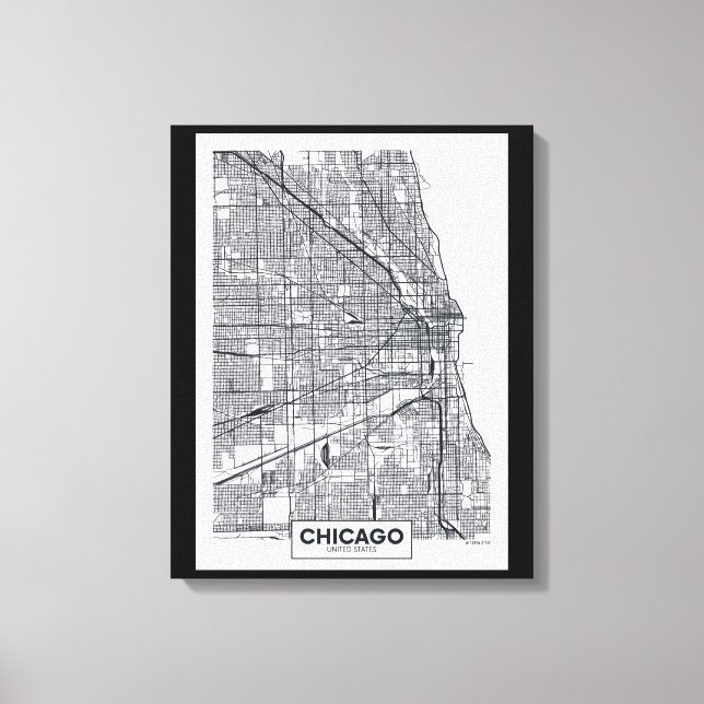 Impressão Em Tela Chicago, Illinois | Mapa da cidade de preto e bran (Frente)