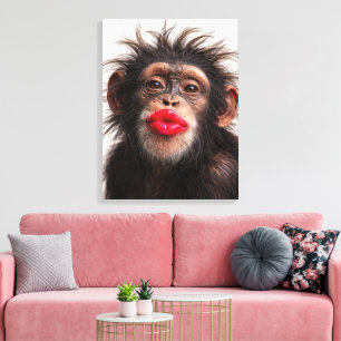 Impressão Em Tela Chimpanzé Usando Batom Vermelho