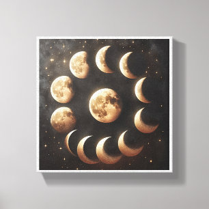 Impressão Em Tela Ciclo das Fases da Lua Celestial - Dourado Místico