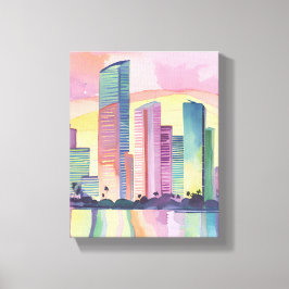 Impressão Em Tela Cidade de Cor | Miami Florida Aquarela Silhueta