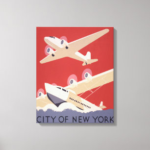 Impressão Em Tela Cidade de Nova Iorque Vintage Airplanes WPA Poste