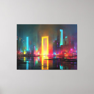 Impressão Em Tela Cidade Futurista com Portal Neon Radiante