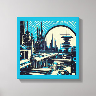Impressão Em Tela Cidade Futurista de SF Xilogravura 3