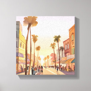 Impressão Em Tela Cidade Litorânea ao Pôr do Sol Aquarela de Água