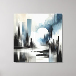 Impressão Em Tela Cidade Noturna Abstrata Moderna - Preto, Branco e 