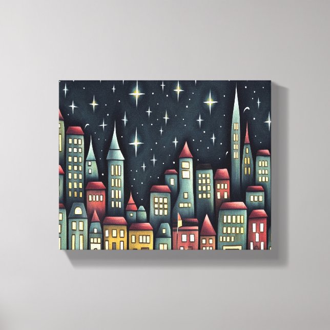 Impressão Em Tela Cidade Pequena À Noite (Frente)