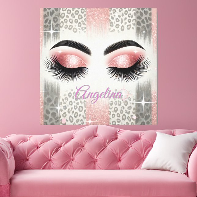 Impressão Em Tela Cílios com Brilho Rosa Glamour (Add glam sparkle to your space with this chic pink leopard lashes canvas — perfect for girly walls.)