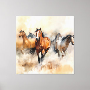 Impressão Em Tela “Cinco Mustangs Selvagens” Aquarela Ocidental Empo