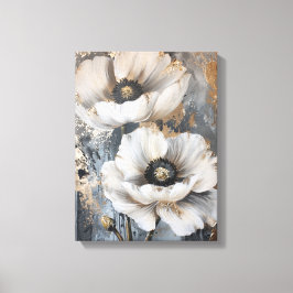 Impressão Em Tela cinza e ouro de flores brancas