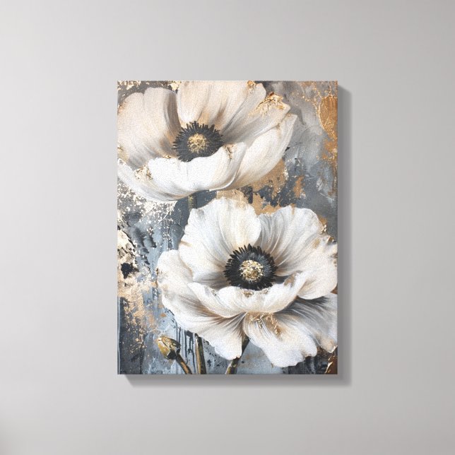 Impressão Em Tela cinza e ouro de flores brancas (Frente)