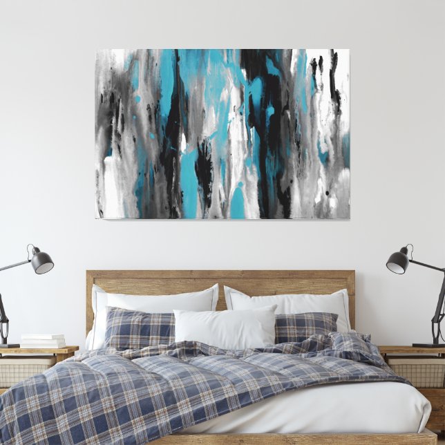 Impressão Em Tela Cinza Teal Preta e Abstrato Branca (Insitu(Quarto))