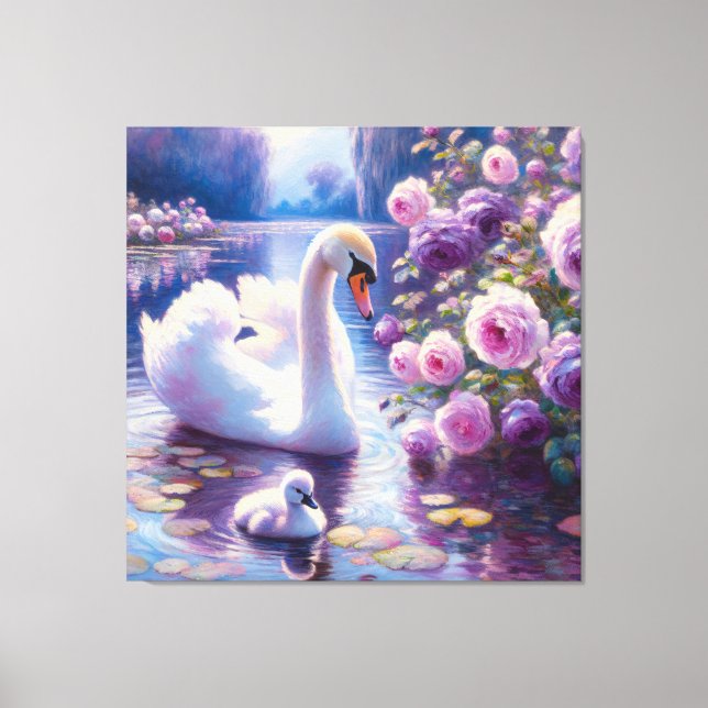 Impressão Em Tela Cisne Branco e Filhote com Rosas Roxas (Frente)