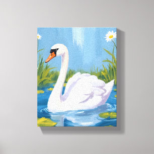 Impressão Em Tela Cisne Branco Pintura de Ave em Aquarela na Lagoa