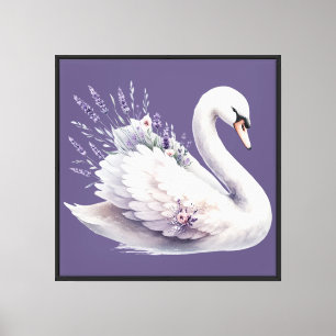 Impressão Em Tela Cisne em Aquarela com Florais Lavanda