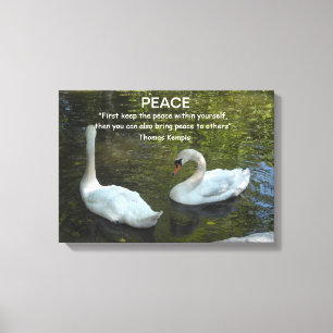 Impressão Em Tela Cisnes Brancos na Água Com Citação de Paz