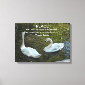 Impressão Em Tela Cisnes Brancos na Água Com Citação de Paz