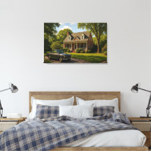 Classic Suburban Home with Vintage Car Wall Art