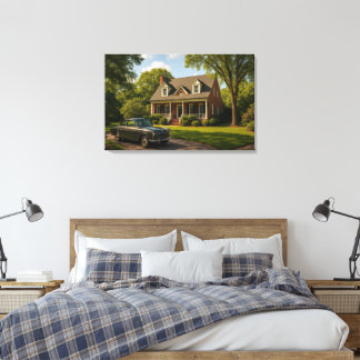 Impressão Em Tela Classic Suburban Home with Vintage Car Wall Art