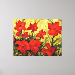 Impressão Em Tela Clematite Vermelha, Pintura Floral Vermelha Ousada