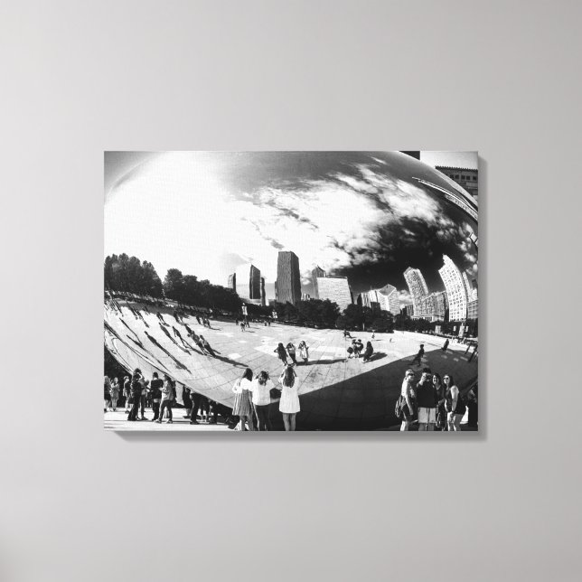 Impressão Em Tela Cloud Gate O Feijão Chicago Preto e Branco Lndscp (Frente)