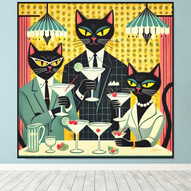 Impressão Em Tela Clube de Martini de Gato Preto Retro Futurista (Insitu(piso de madeira))