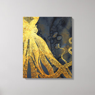 Impressão Em Tela Coastage Vintage Octopus Dourado Black Blue Waterc