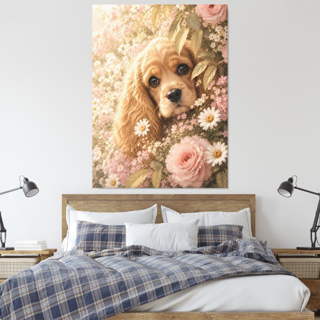 Impressão Em Tela Cocker Spaniel Fofo Entre Flores (Insitu(Quarto))
