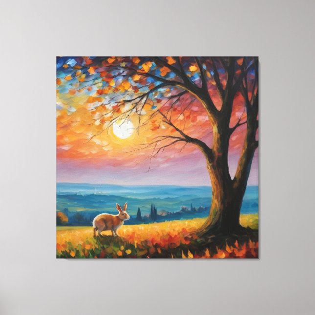 Impressão Em Tela coelho num campo com árvore e pôr do sol (Frente)
