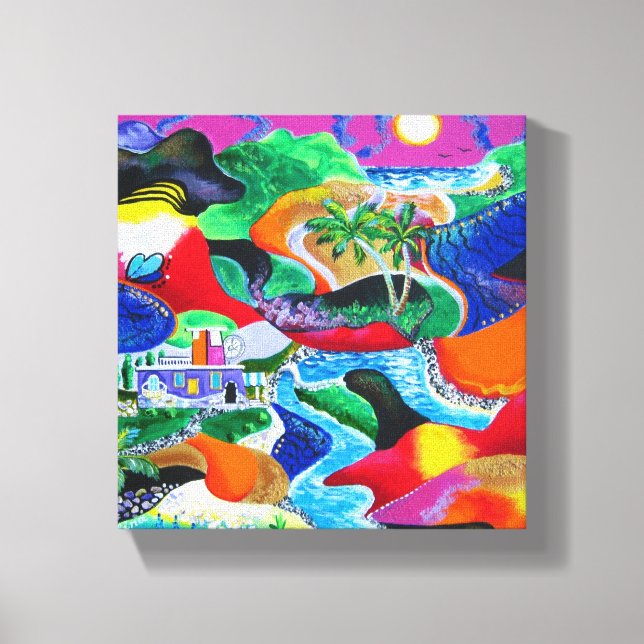 Impressão Em Tela Colagem de Arte Caribe Tropical de Porto Rico (Frente)