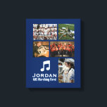 Impressão Em Tela Colagem de Fotos de Música da Orquestra de Bandas<br><div class="desc">Esta banda de design de imagem de marchagem personalizada ou de orquestra apresenta as suas fotografias carregadas, notas musicais e duas linhas de texto personalizado. Adicione o nome do músico, a banda ou o nome da orquestra ou qualquer texto que você queira. Mude a cor de fundo para corresponder às...</div>