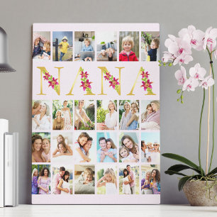 Impressão Em Tela Colagem de Fotos Verticais Nana Floral Letras Dour