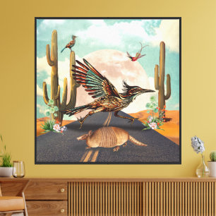 Impressão Em Tela Colagem Surreal de Roadrunner Cactus Moon