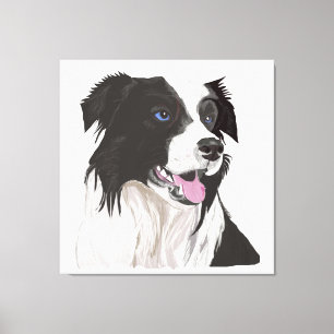 Impressão Em Tela Collie Preto e Branco com Retrato de Olhos Azuis.