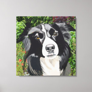 Impressão Em Tela Collie Preto e Branco contra Flores