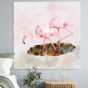 Impressão Em Tela Companheirismo de Flamingos Rosa na Arte em Aquare