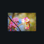 Impressão Em Tela Composição Natural Das Flores Sakura Na Primavera<br><div class="desc">Um galho de árvore com três flores de sakura cor-de-rosa e três botões. Um fundo suave de cereja rosa floresce, folhagem esverdeada e céu azul. Uma composição artística natural. Uma pintura digital muito grande a partir de uma fotografia. Impressão floral esticada de tela para decorar seu lugar ou para ser...</div>