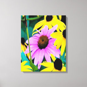 Impressão Em Tela Coneflower Rosa e Roxo com Flores Amarelas