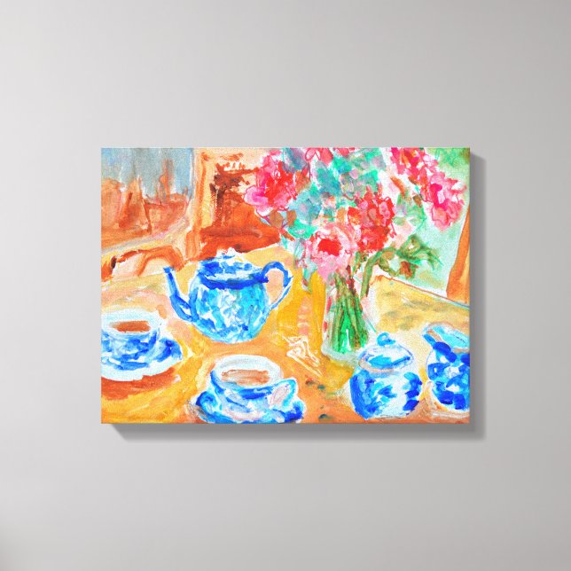 Impressão Em Tela Conjunto de Chá Azul com Flores Vermelhas (Frente)