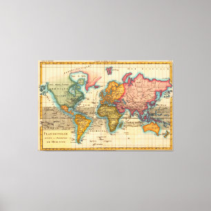 Impressão Em Tela Continentes Antigos do Mapa Mundial dos Anos 1700