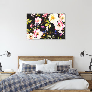 Impressão Em Tela Cor-de-água Cor rosa Rosas amarelas pretas Fundo p