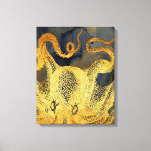 Impressão Em Tela Cor de Água da Tinta Negra Dourada Octopus Vintag