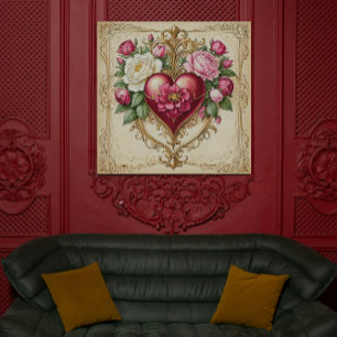 Impressão Em Tela Coração Romântico Vintage com Rosa de Arte 💕