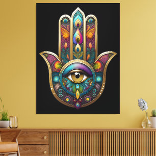 Impressão Em Tela Cores de Pavão Hamsa com Terceiro Olho Dourado