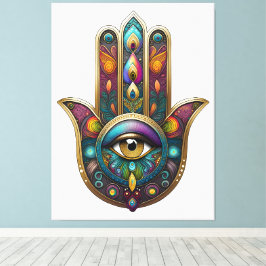 Impressão Em Tela Cores de Pavão Hamsa com Terceiro Olho Dourado