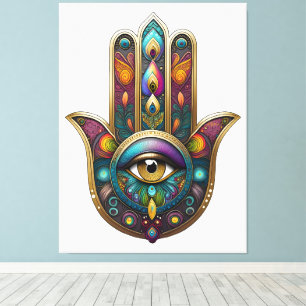 Impressão Em Tela Cores de Pavão Hamsa com Terceiro Olho Dourado